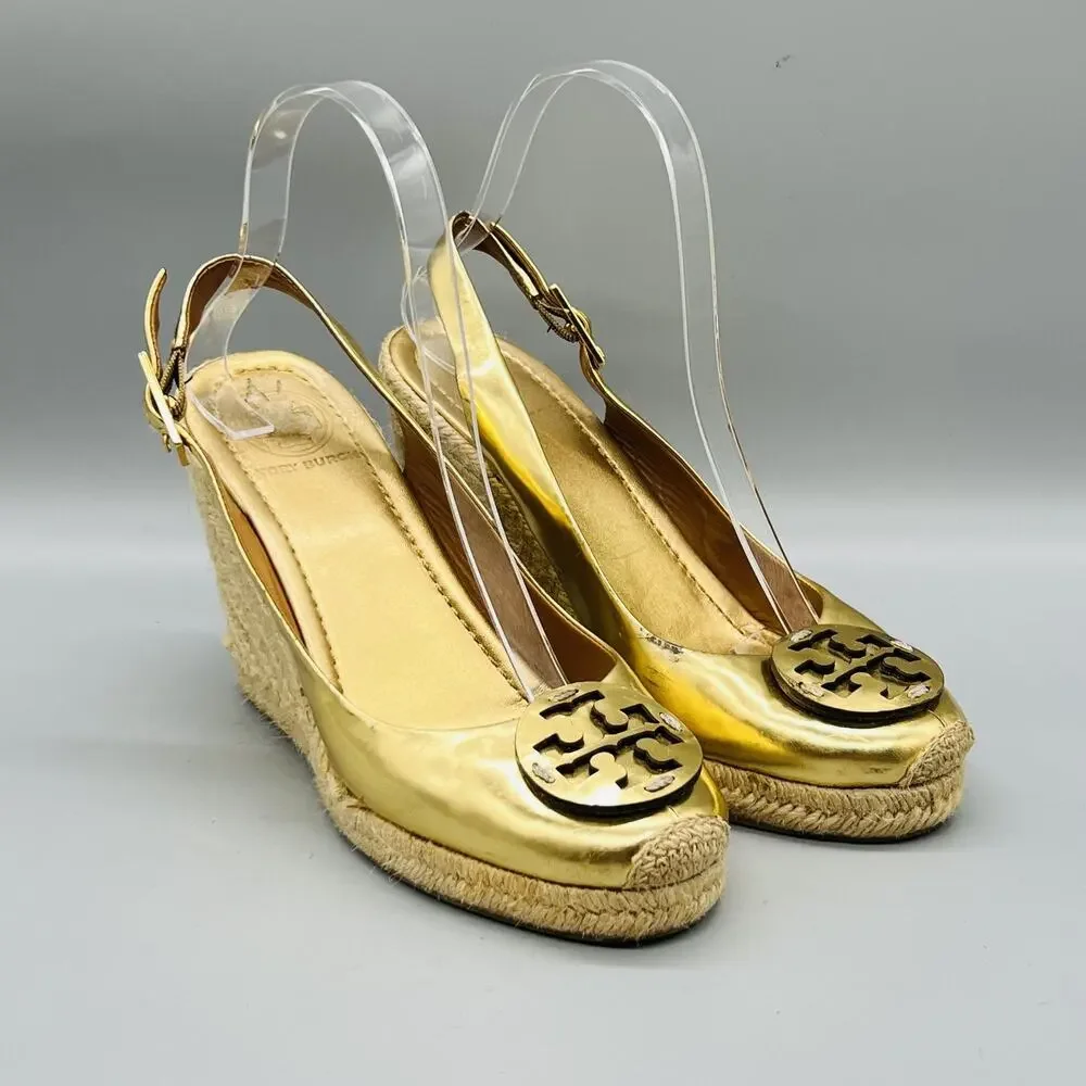 Tory Burch Shoes Womens 7 Gold Leather Slingback Espadrille Wedge Heels Logo